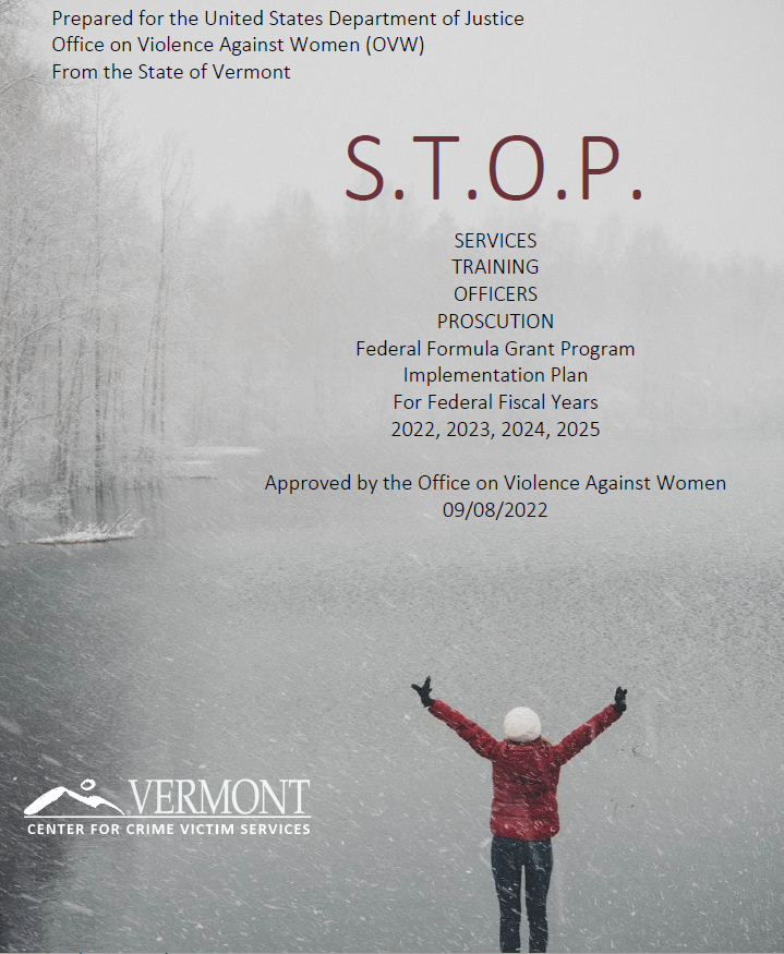 Image of the cover of S.T.O.P. Grant Implementation Plan. Cover features woman with her arms in the air while she stands outside in the snow. 