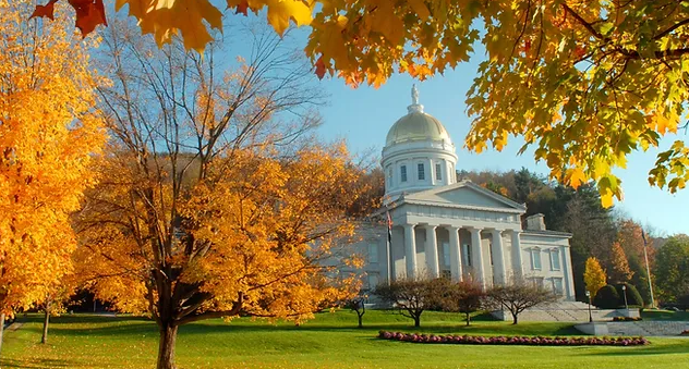 Image of the Vermont State House in the fall. 